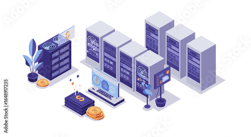 Isometric server room with cryptocurrency elements and data security icons