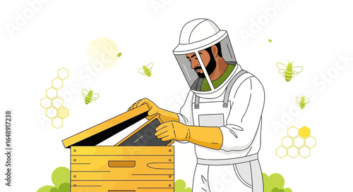 Beekeeper Inspecting a Hive, Wearing Protective Gear Against Bee Stings