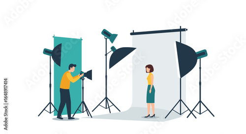 Photographer in studio setting with professional lighting and model on white background