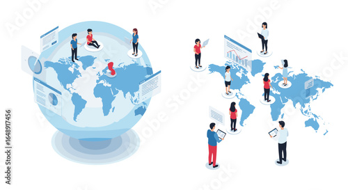 Global teamwork concept with people and data on world map
