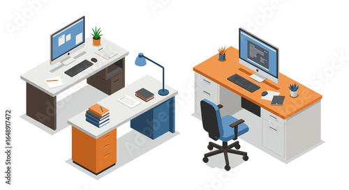Modern office workspace in isometric style with computers and desks