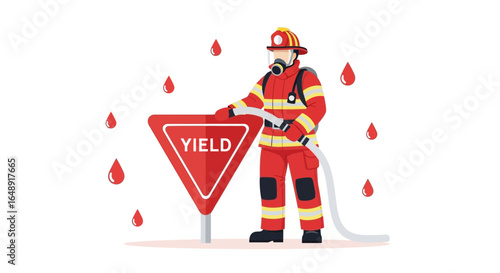 Brave Firefighter In Action Next To Yield Sign With Water Droplets Concept