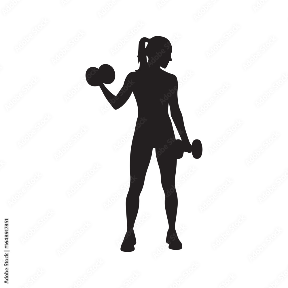 Fit woman lifting dumbbells silhouette. Female athlete doing bicep curls, strength training vector icon. Fit woman lifting dumbbells silhouette. Female athlete doing bicep curls, strength training vector icon.