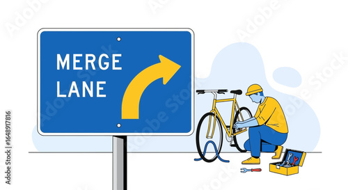 Bike Rider Performing Maintenance Under Merge Lane Traffic Sign Illustration