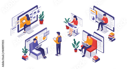 Isometric workspace collaboration with diverse professionals and digital devices