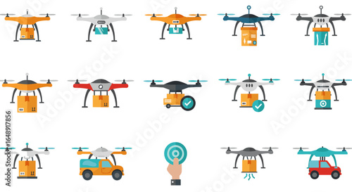 Diverse drone delivery icons featuring modern technology and innovation