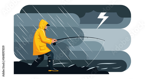 Braving The Elements An Illustration Of Fishing Under Stormy Conditions