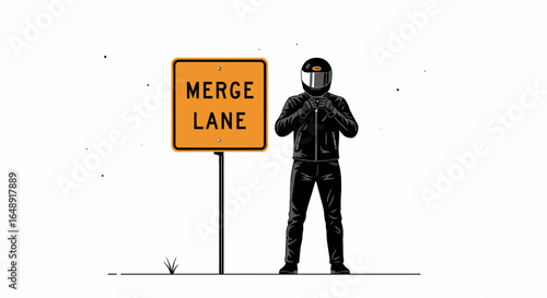 Biker Standing Near A Merge Lane Sign Wearing A Helmet Illustration