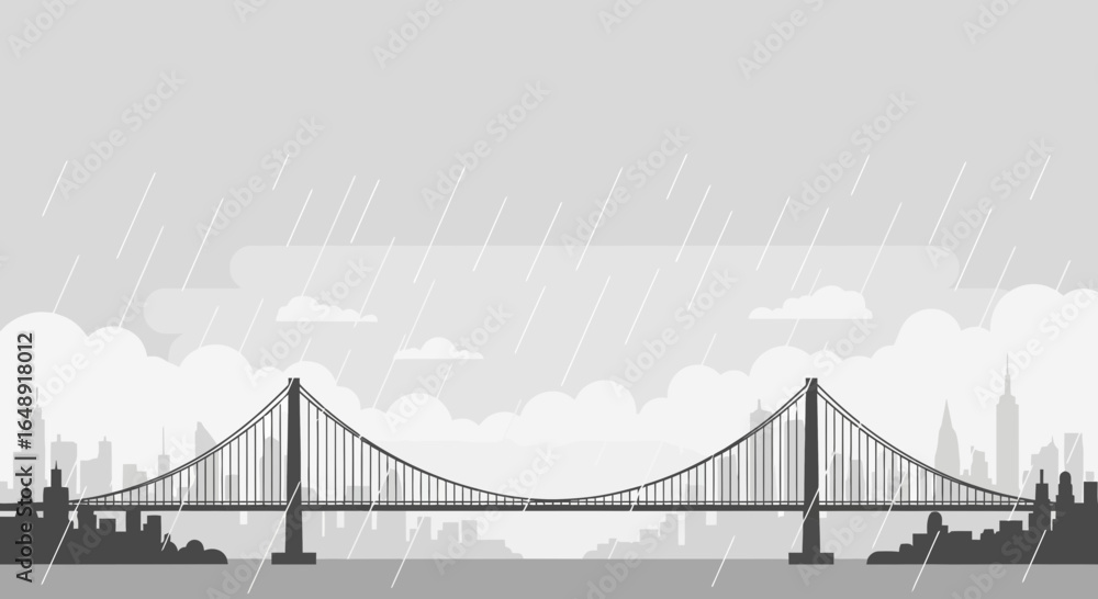 Obraz premium Bridge Silhouette Over City Skyline In Rainy Weather Minimalist Flat Design