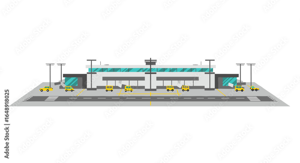 Fototapeta premium Modern flat design airport terminal with taxiway and ground vehicles