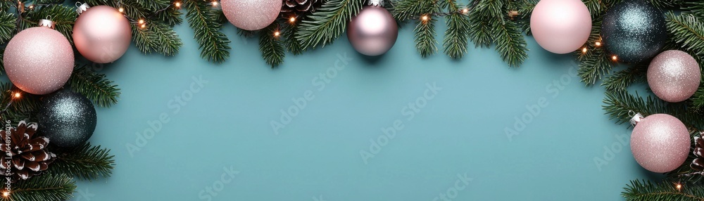 Festive Christmas flat lay with pastel ornaments and pine branches on blue background Festive Christmas flat lay with pastel ornaments and pine branches on blue background