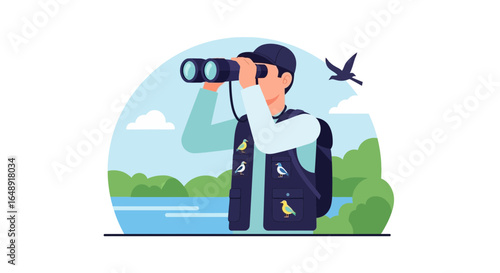 Birdwatcher Observing Flying Bird With Binoculars In Natural Landscape Illustration