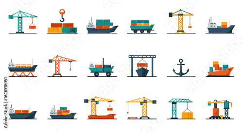 Cargo ship and crane icons set for shipping and transport