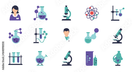 Colorful science icons featuring laboratory equipment and scientists