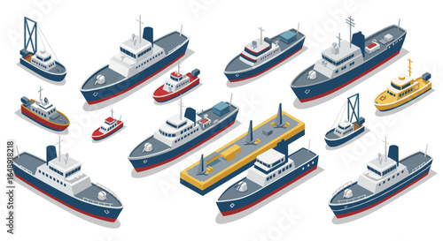 Isometric ships and boats collection featuring various designs and colors for maritime themed projects