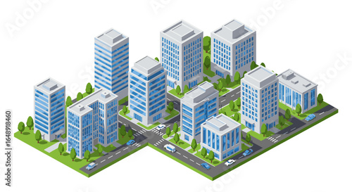 Modern isometric cityscape with skyscrapers and green spaces in urban setting
