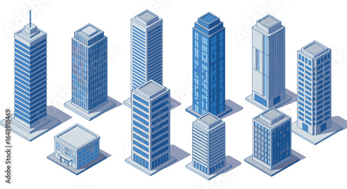 Isometric cityscape featuring modern skyscrapers in blue tones