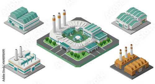 Isometric industrial complex with factories and power plants