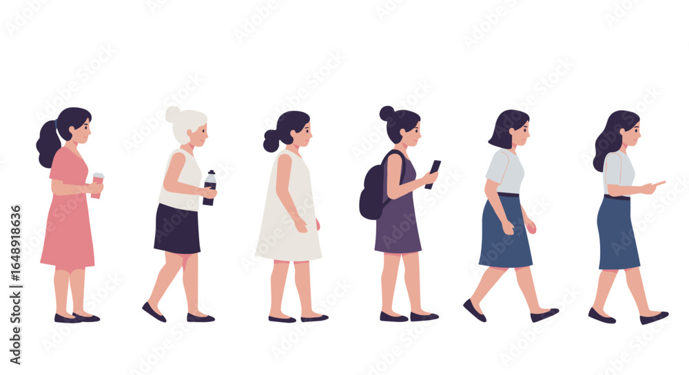 Fototapeta premium Diverse female characters in casual outfits walking sequentially in flat design