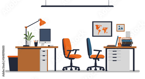 Modern office workspace with chairs and desks in flat design