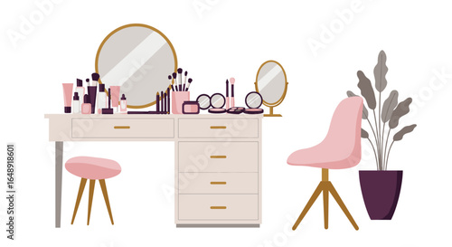Modern makeup vanity with mirror, chair, and plants in minimal style