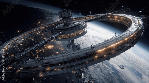 Fototapeta Naklejka Na Ścianę i Meble -  Futuristic space station orbiting Earth at night, city lights visible, for science fiction illustration
