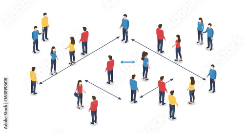 Isometric social interaction concept with people and arrows