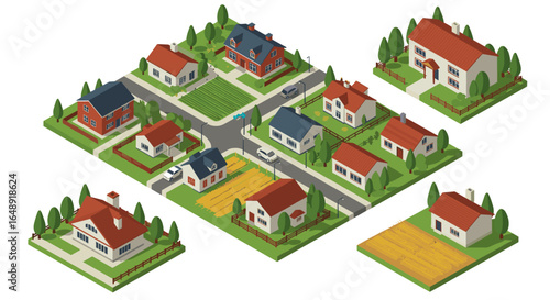 Isometric suburban neighborhood design featuring charming houses and landscaped yards