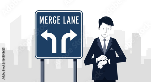 Business Decision Crossroads Man Checks Watch By Merge Lane Sign Post