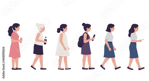 Diverse female characters in casual outfits walking sequentially in flat design