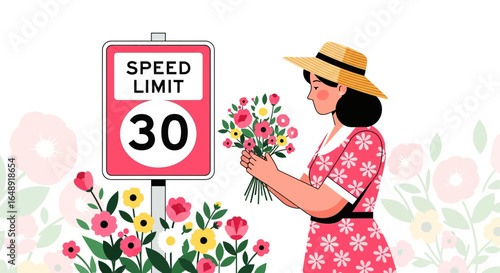 Blooming Contradiction: Speed Limit Sign With A Woman Collecting Flowers