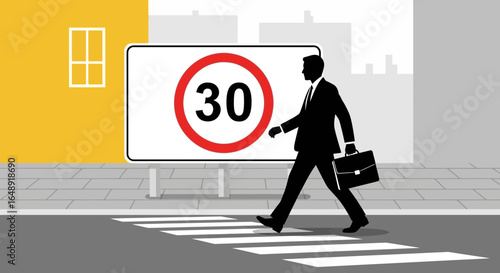 Business Professional Crossing Street Ignoring Speed Limit Signage Illustration