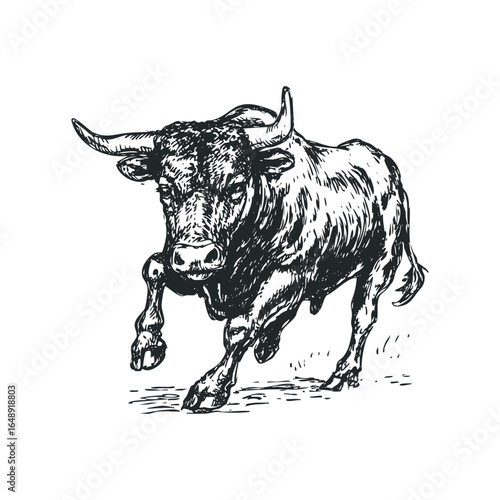 Dynamic sketch of a charging bull with powerful horns and muscular build