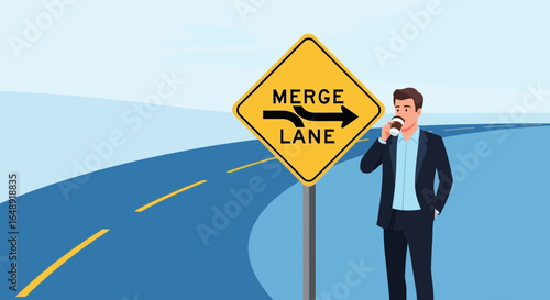 Businessman Takes Coffee Break at a Merge Lane Traffic Sign On the Road