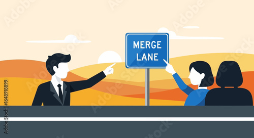 Businesspeople Discussing Merger Opportunity During Car Ride Near the Road Sign