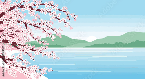 Blooming Sakura Against Peaceful Mountain Lake Serene Springtime Scenery