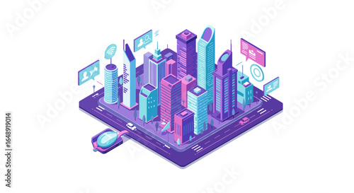 Isometric futuristic cityscape with skyscrapers and technology elements