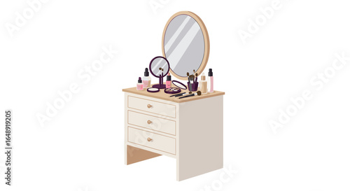 Elegant vanity table with mirror and makeup essentials in modern isometric design