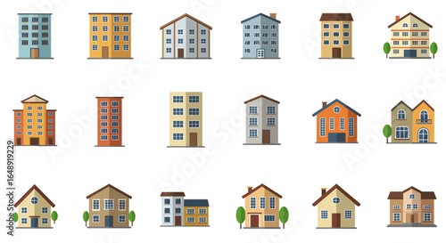 Diverse set of colorful residential buildings in flat design on white background