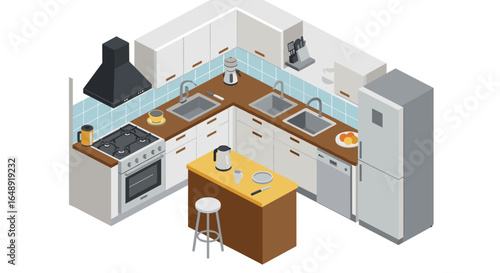 Modern isometric kitchen with appliances and blue tiled backsplash
