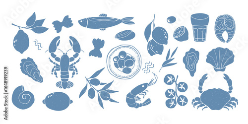 Hand-drawn vector illustration of Mediterranean seafood and cuisine elements, sketched with chalk in a trendy rough style