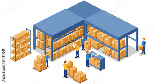 Warehouse workers organizing packages in isometric storage facility scene