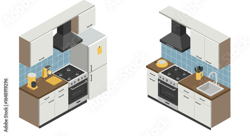 Modern kitchen design with appliances in isometric view