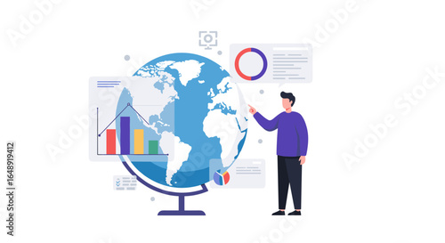 Flat design global data analysis concept with charts and graphs