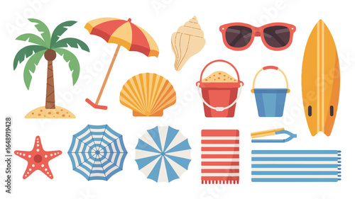 Tropical beach vacation vector illustration featuring palm tree umbrella surfboard seashells sunglasses beach towels and other elements of a summer seaside adventure