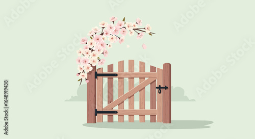 Blossoming Entrance Wooden Gate Adorned With Cherry Blossoms In Springtime