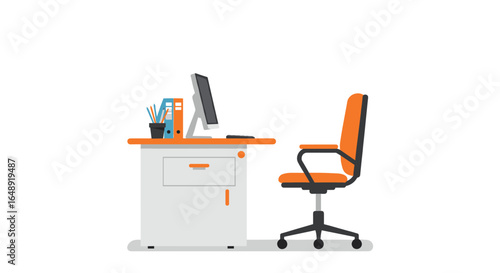 Modern office desk with computer and orange chair on white background
