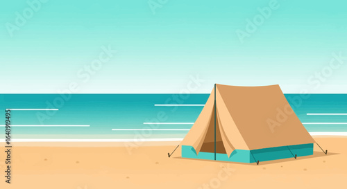 Calm Camping: Simple Tent On Sandy Shore Near Turquoise Sea Waters