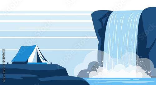 Blue Nature Landscape Camping At Mountain Waterfall For Outdoor Adventure