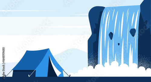 Blue Tent Camping Adventure Under Flowing Waterfall Landscape Scene